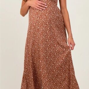 Rust Floral V-Neck Button Front Maternity Midi Dress